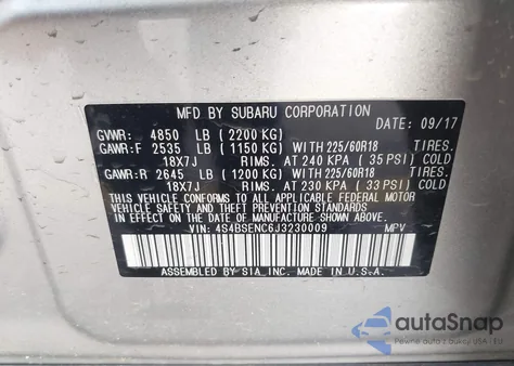 2018 Subaru Outback 3.6R Limited z USA, uszkodzony, nr VIN 4S4BSENC6J3230009